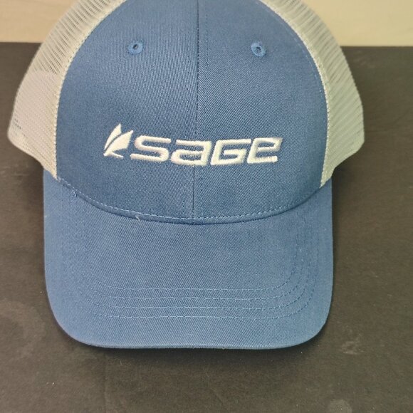 Sage Flyfishing Mesh Trucer Hat Cap Snap Back Blue White Embroidered Spell Out - Picture 2 of 12